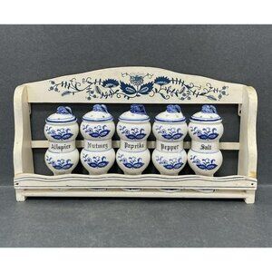 VTG Blue White Spice Shakers Delft Stule Japan 5 Shakers With Shelf Holder